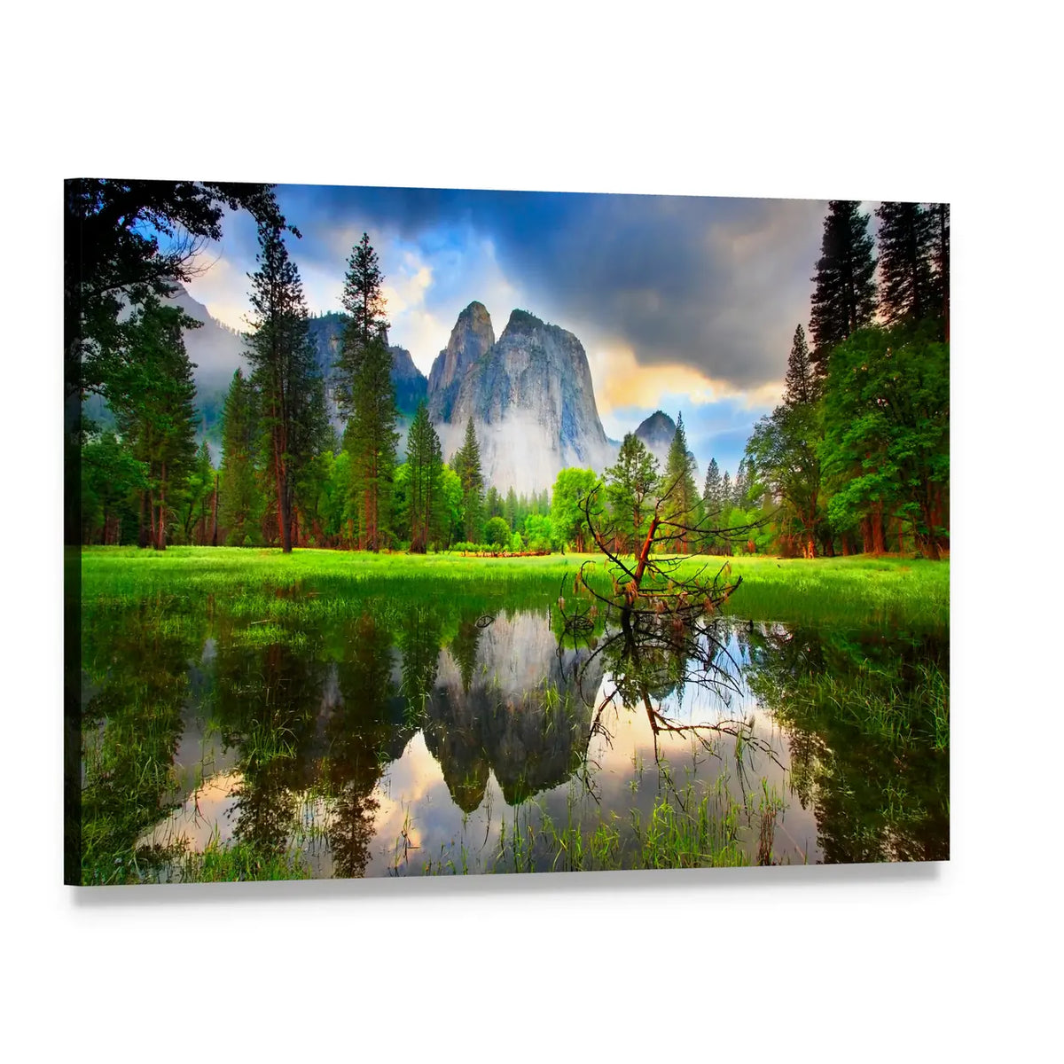 Sunset Reflections at Yosemite's Cathedral Rocks Canvas Wall Art, single panel gallery wrapped canvas, angled product view