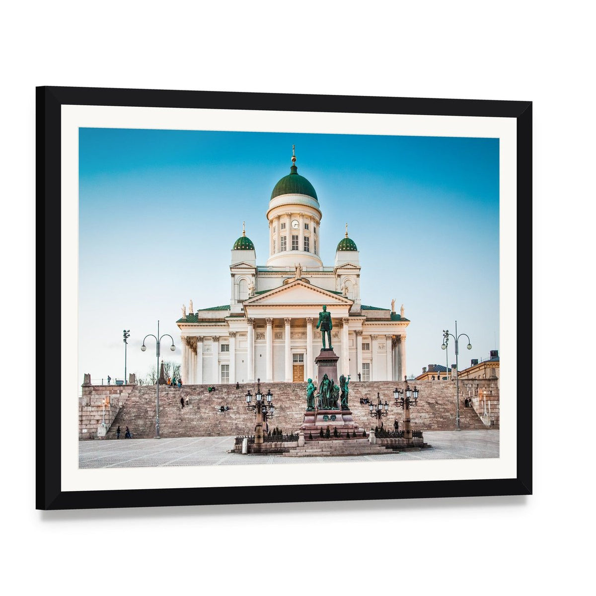 Helsinki Cathedral at Senate Square Canvas Wall Art, framed print with white mat and black frame, angled product view