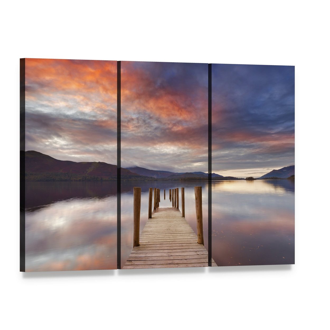 Flooded Jetty at Sunset Canvas Wall Art, 3 panel 3 Horizontal layout gallery wrapped canvas set, angled product view