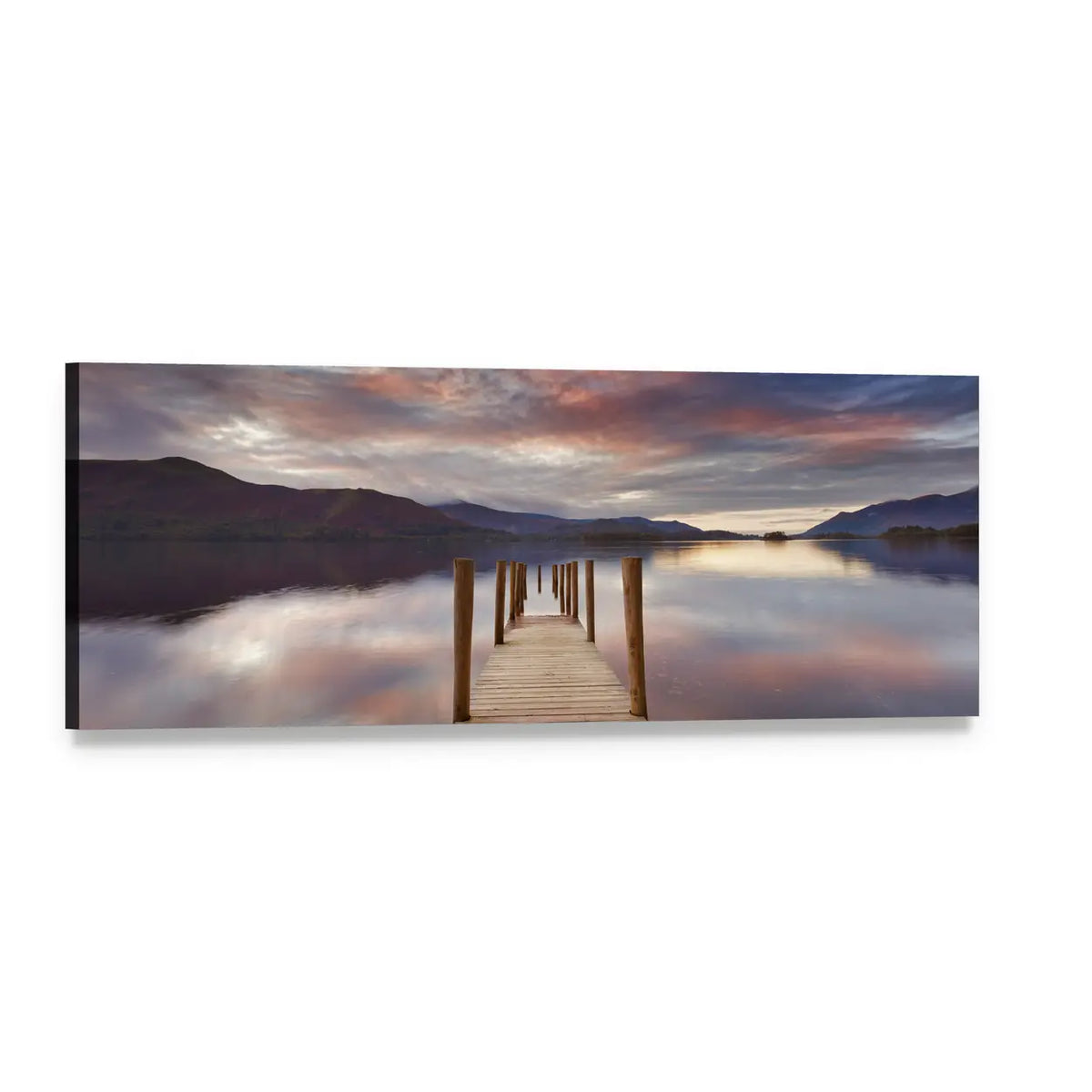 Wooden Jetty Over Calm Lake Panoramic Canvas Wall Art, single panel gallery wrapped canvas, angled product view