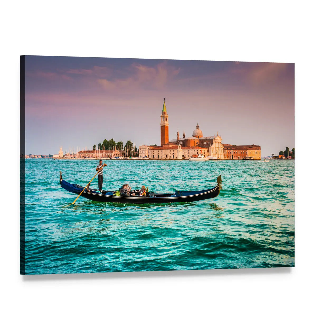 Gondola on Canal Grande at Sunset Canvas Wall Art, single panel gallery wrapped canvas, angled product view