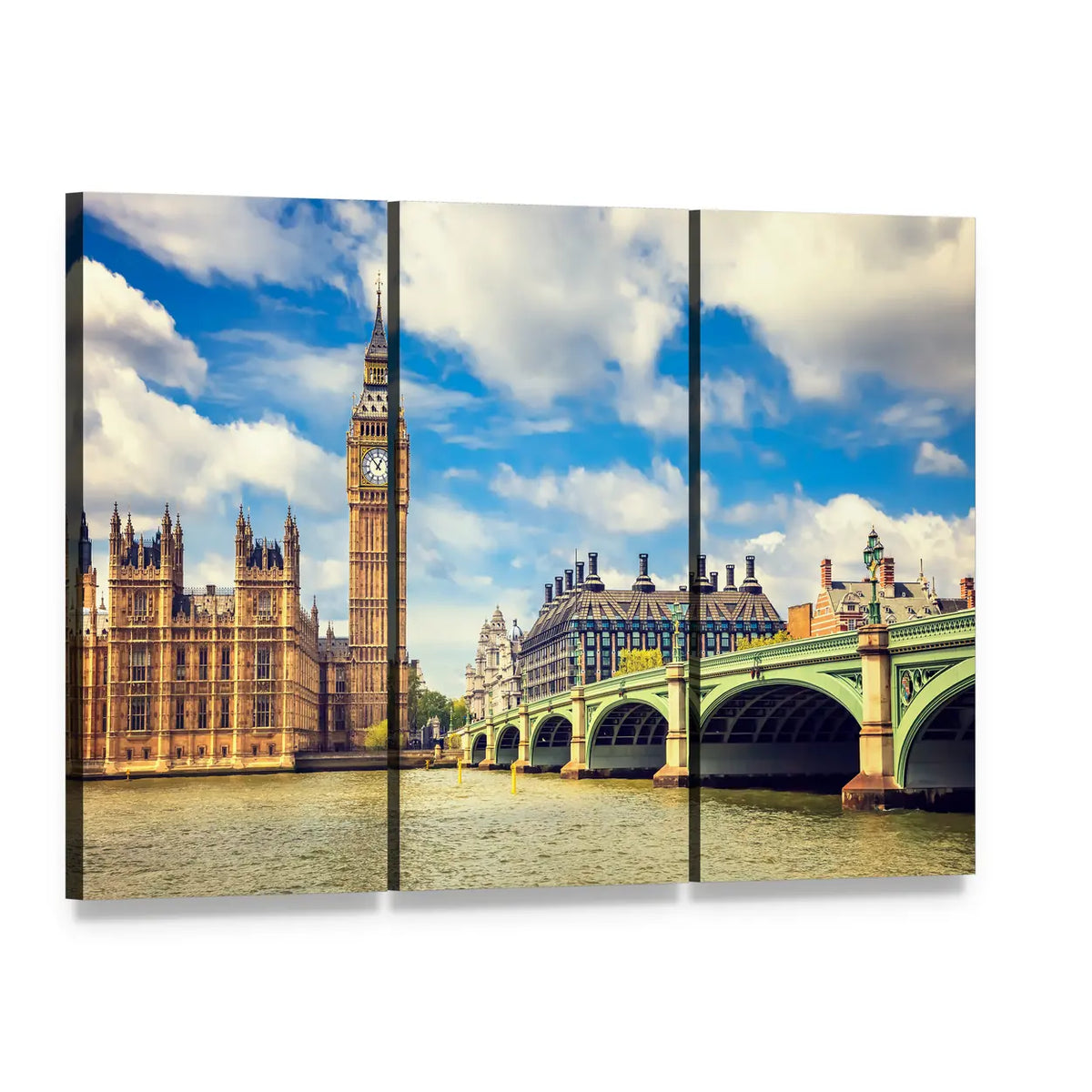 Westminster Bridge and Big Ben, London Canvas Wall Art, 3 panel 3 Horizontal layout gallery wrapped canvas set, angled product view