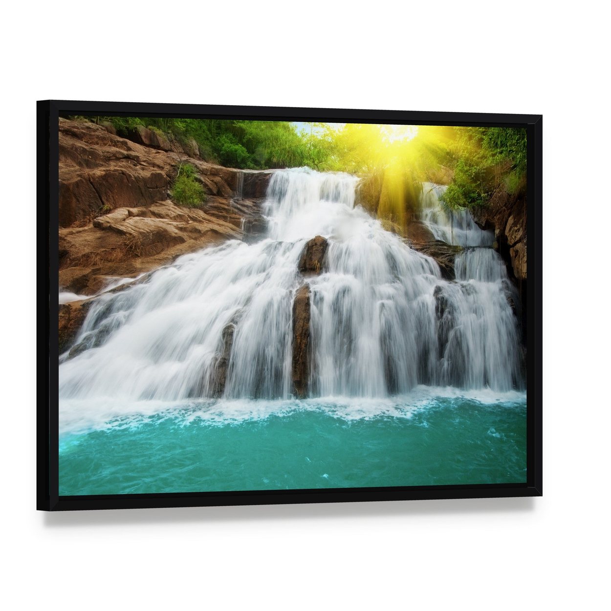 Waterfall Pool in Rain Forest Canvas Wall Art, framed canvas in a black floater frame, angled product view