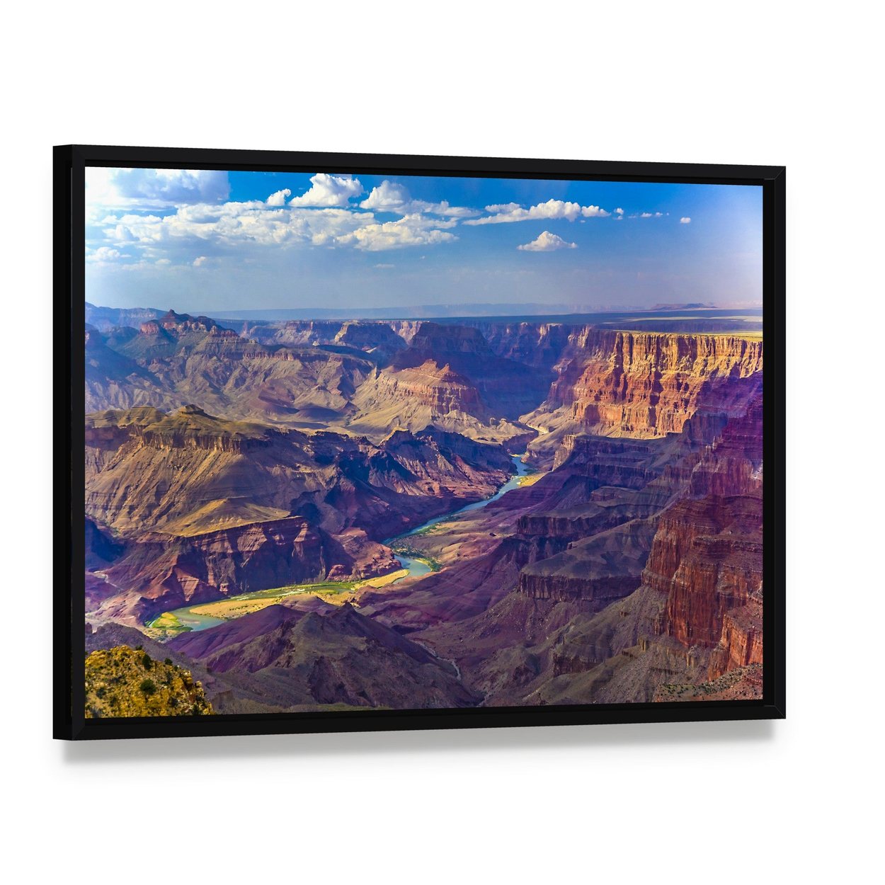Grand Canyon with Colorado River Canvas Wall Art, framed canvas in a black floater frame, angled product view