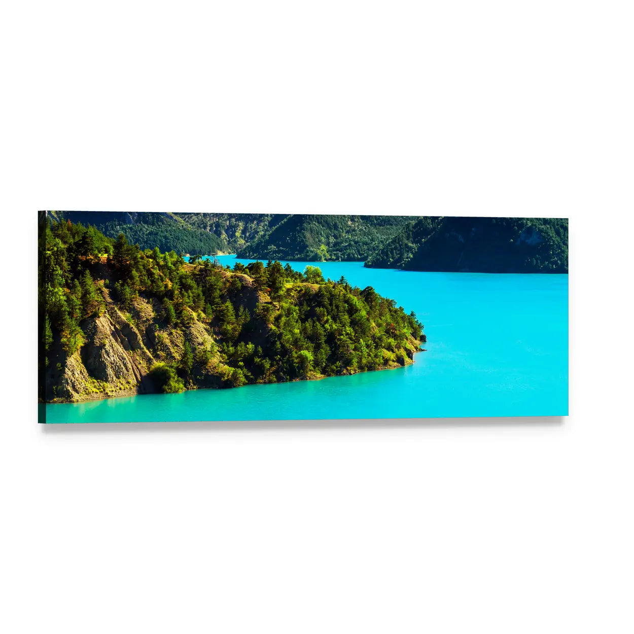 Turquoise Lake with Forested Peninsula Panoramic Canvas Wall Art, single panel gallery wrapped canvas, angled product view