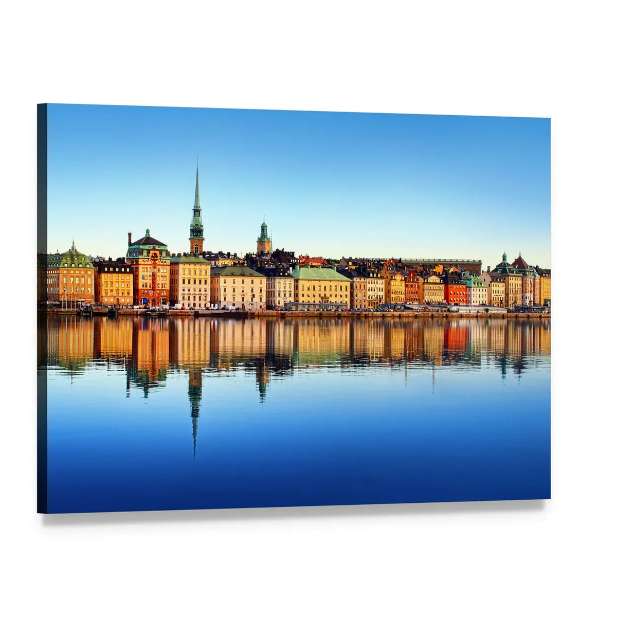 Stockholm Church Spire with Water Reflection Canvas Wall Art, single panel gallery wrapped canvas, angled product view