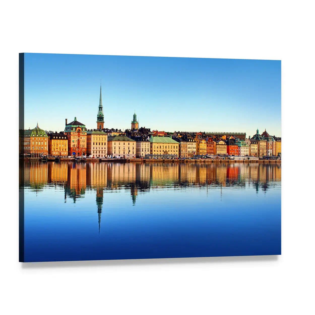 Stockholm Church Spire with Water Reflection Canvas Wall Art, single panel gallery wrapped canvas, angled product view