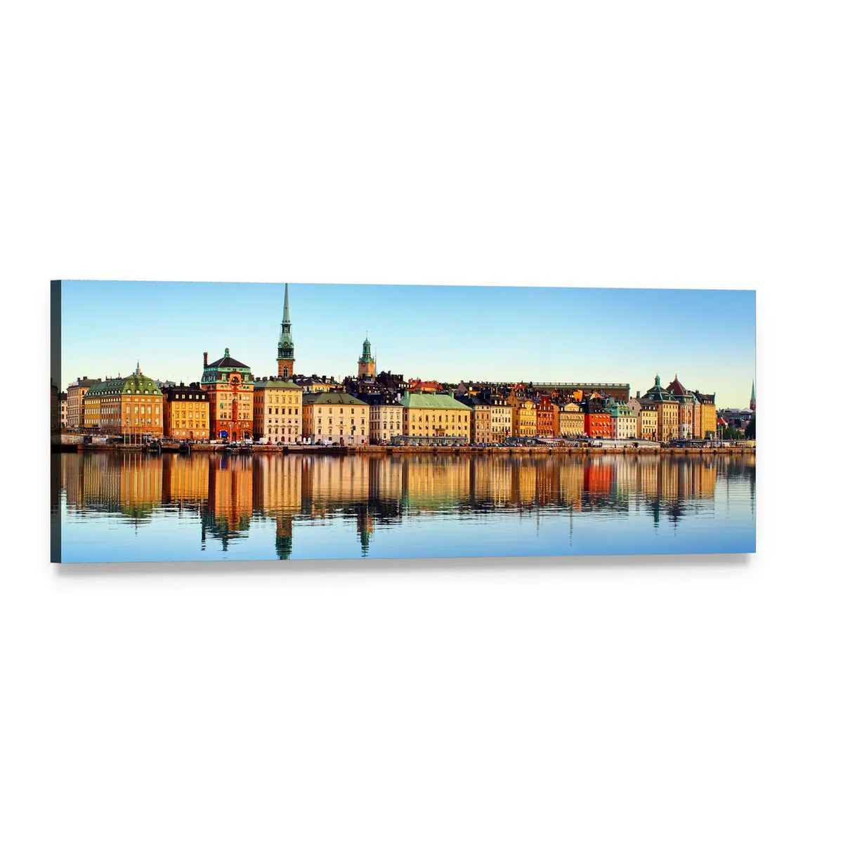 Stockholm Waterfront Reflections Panoramic Canvas Wall Art, single panel gallery wrapped canvas, angled product view