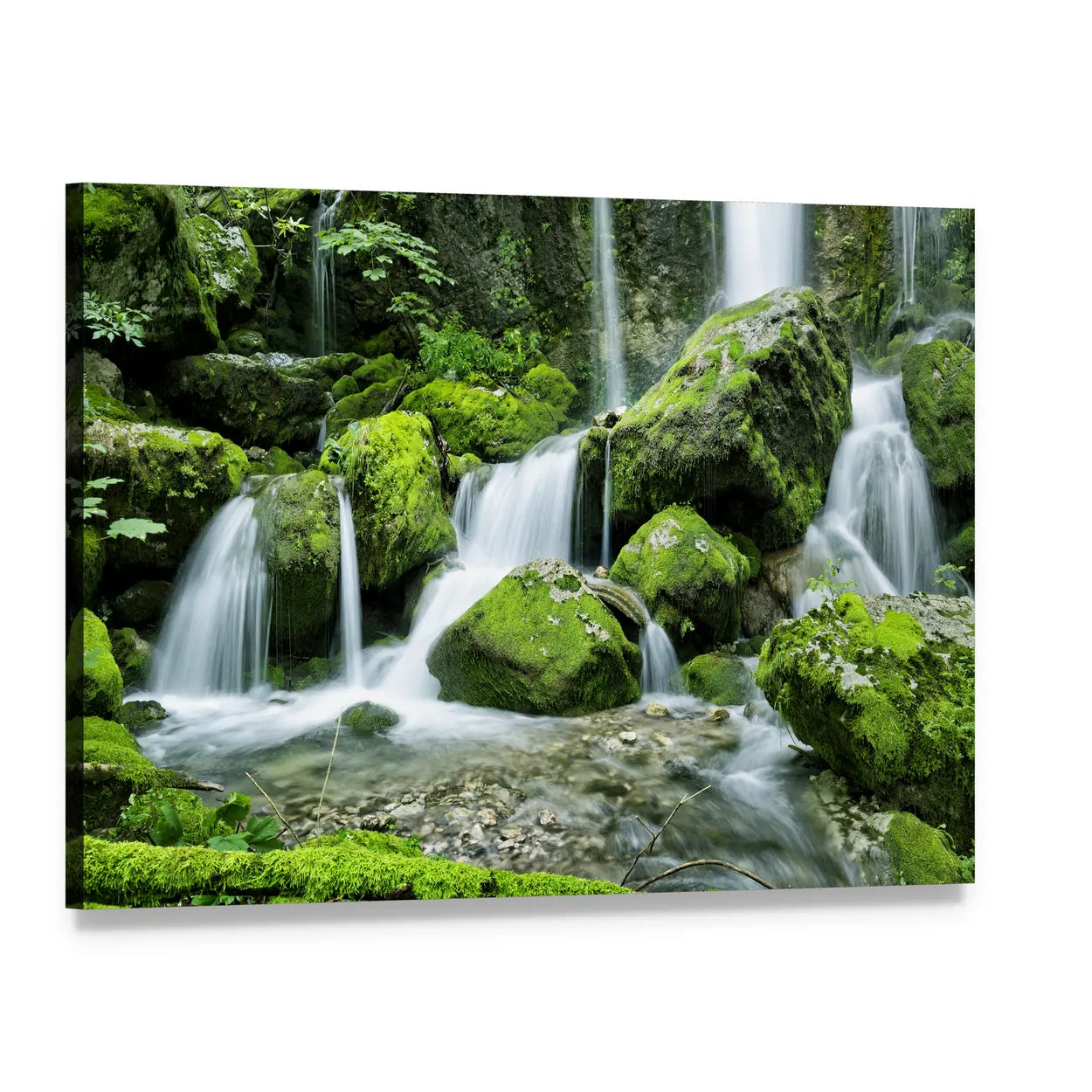 Cascading Waterfall in Slovenia Canvas Wall Art, single panel gallery wrapped canvas, angled product view