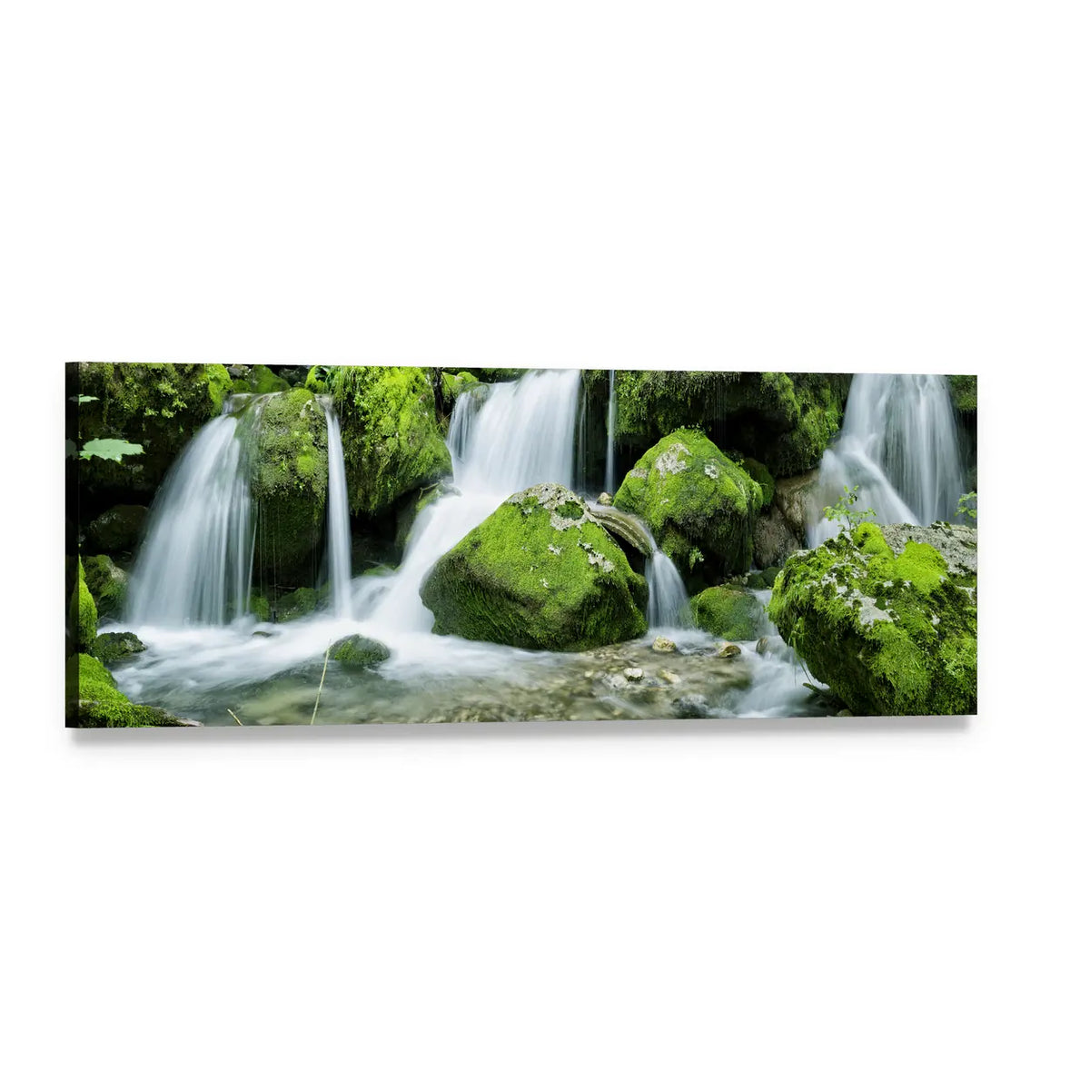 Cascading Waterfalls with Mossy Boulders Panoramic Canvas Wall Art, single panel gallery wrapped canvas, angled product view