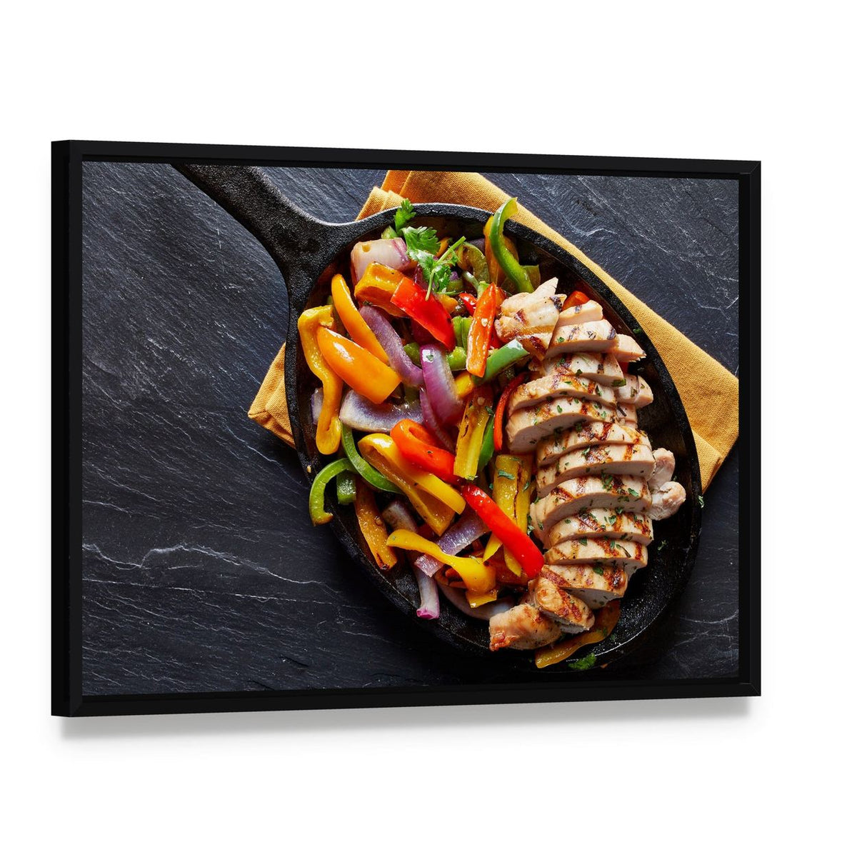 Mexican Grilled Chicken Fajitas Canvas Wall Art, framed canvas in a black floater frame, angled product view