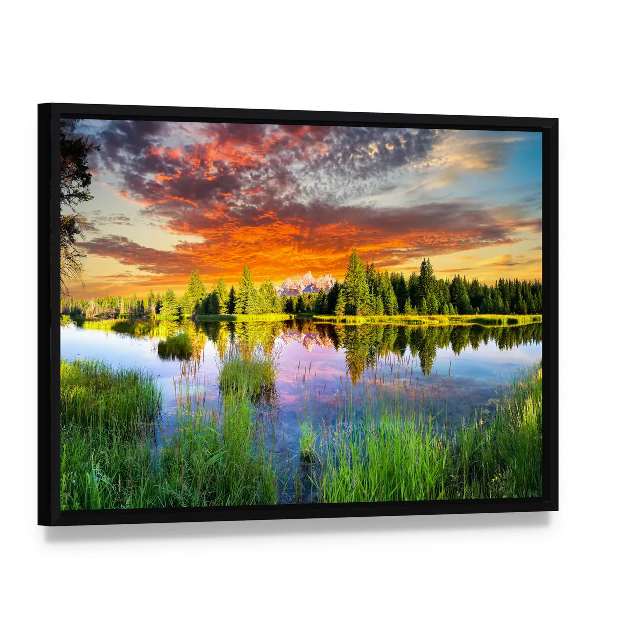Snake River and Tetons at Sunset Canvas Wall Art, framed canvas in a black floater frame, angled product view