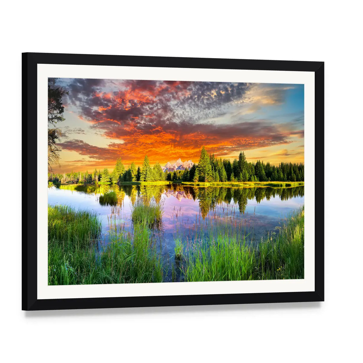 Snake River and Tetons at Sunset Canvas Wall Art, framed print with white mat and black frame, angled product view