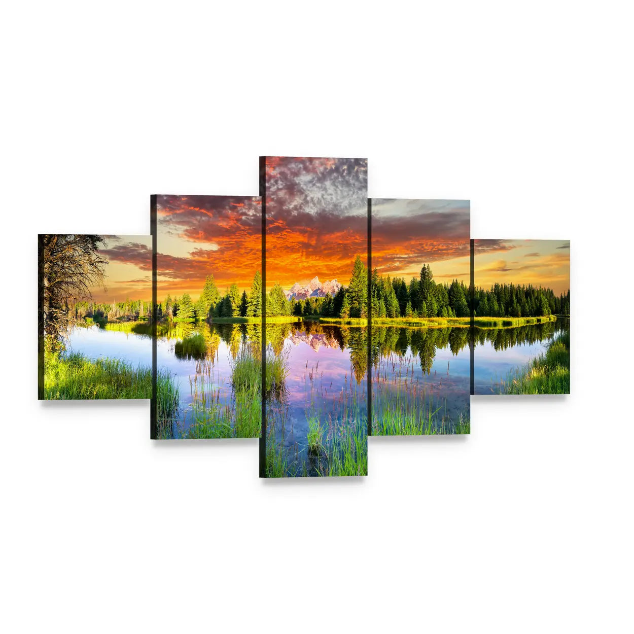 Snake River and Tetons at Sunset Canvas Wall Art, 5 panel 5 Star layout gallery wrapped canvas set, angled product view
