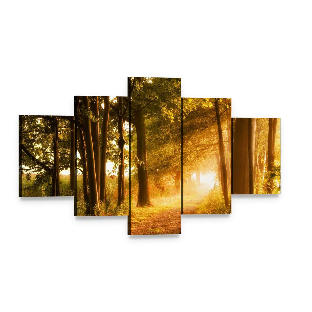 Misty Footpath in Autumn Forest Canvas Wall Art, 5 panel 5 Star layout gallery wrapped canvas set, angled product view