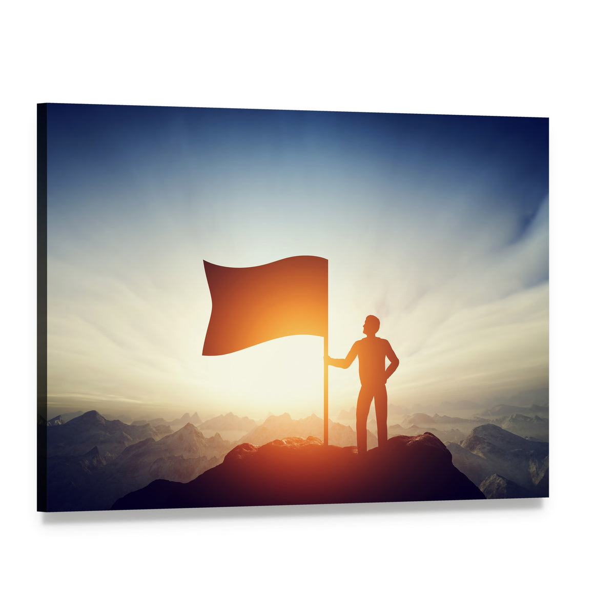 Sunlit Mountain Silhouette with Flag Canvas Wall Art, single panel gallery wrapped canvas, angled product view