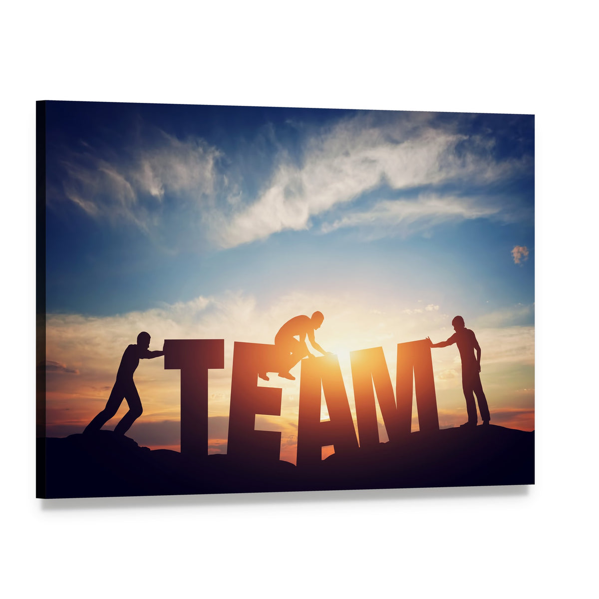 Team Lettering with Silhouetted Figures Canvas Wall Art, single panel gallery wrapped canvas, angled product view