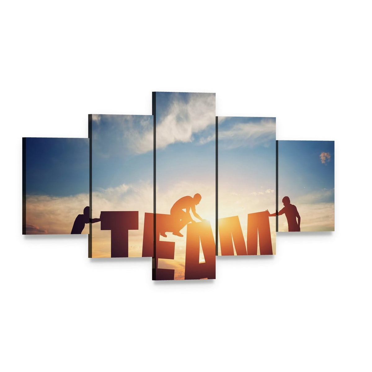 Team Lettering with Silhouetted Figures Canvas Wall Art, 5 panel 5 Star layout gallery wrapped canvas set, angled product view