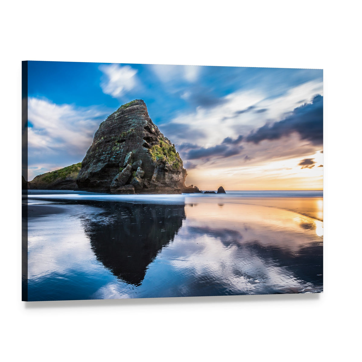Piha Beach Rock Reflection at Sunset Canvas Wall Art, single panel gallery wrapped canvas, angled product view