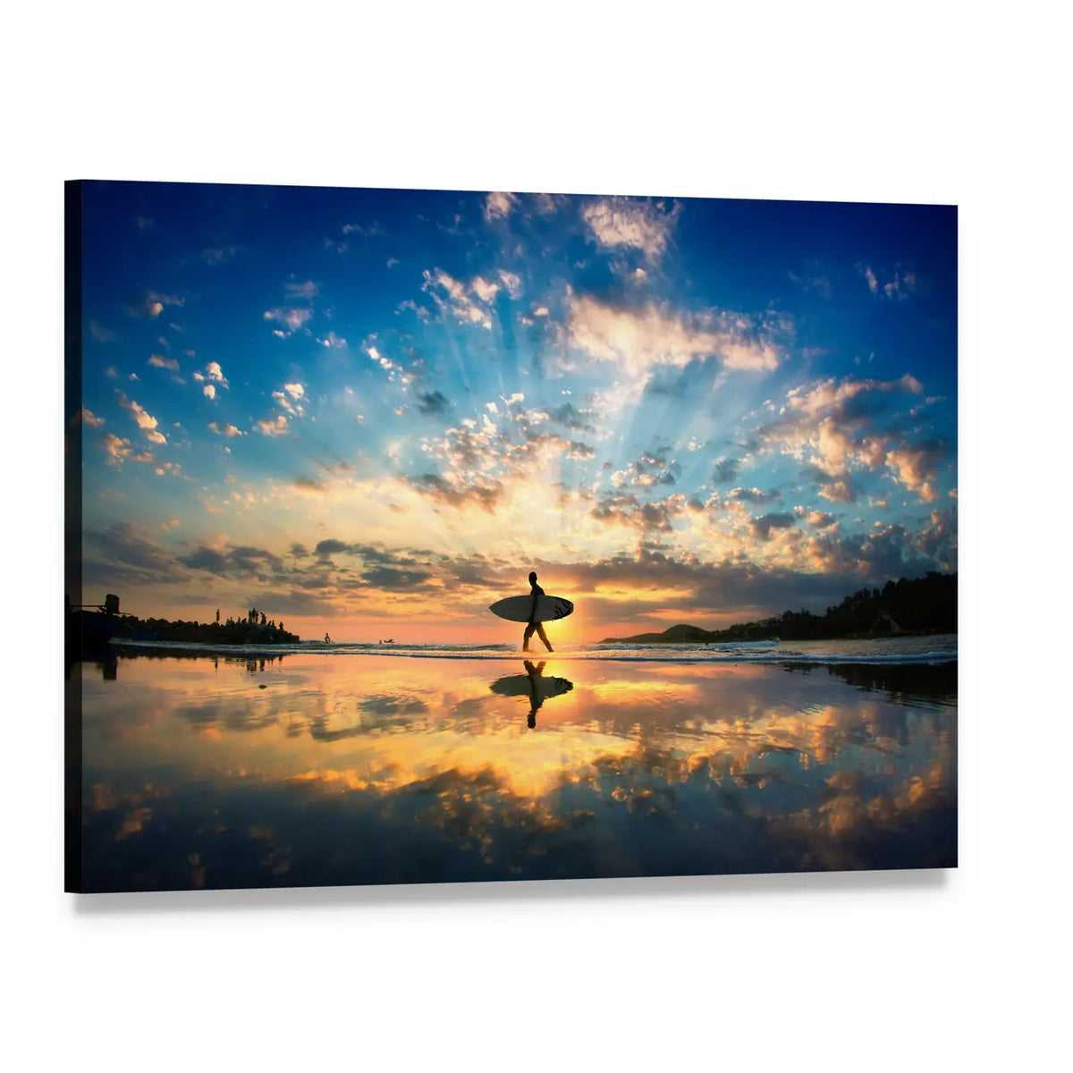 Surfer Silhouette at Sunset Canvas Wall Art, single panel gallery wrapped canvas, angled product view