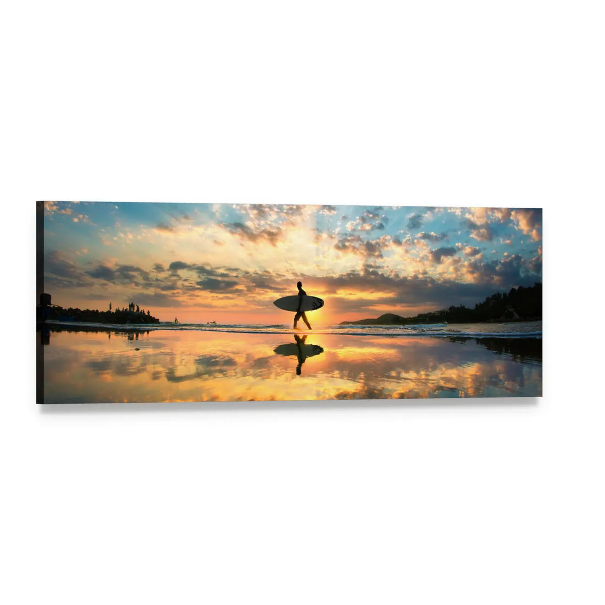 Surfer Silhouette at Sunset Shore Panoramic Canvas Wall Art, single panel gallery wrapped canvas, angled product view