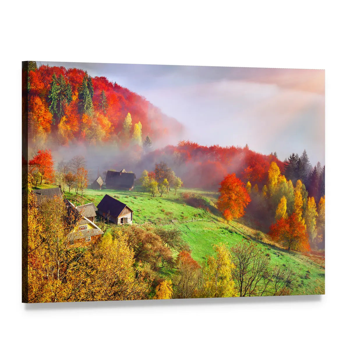 Autumn Mountainside in Ukraine with Rustic Cottages Canvas Wall Art, single panel gallery wrapped canvas, angled product view
