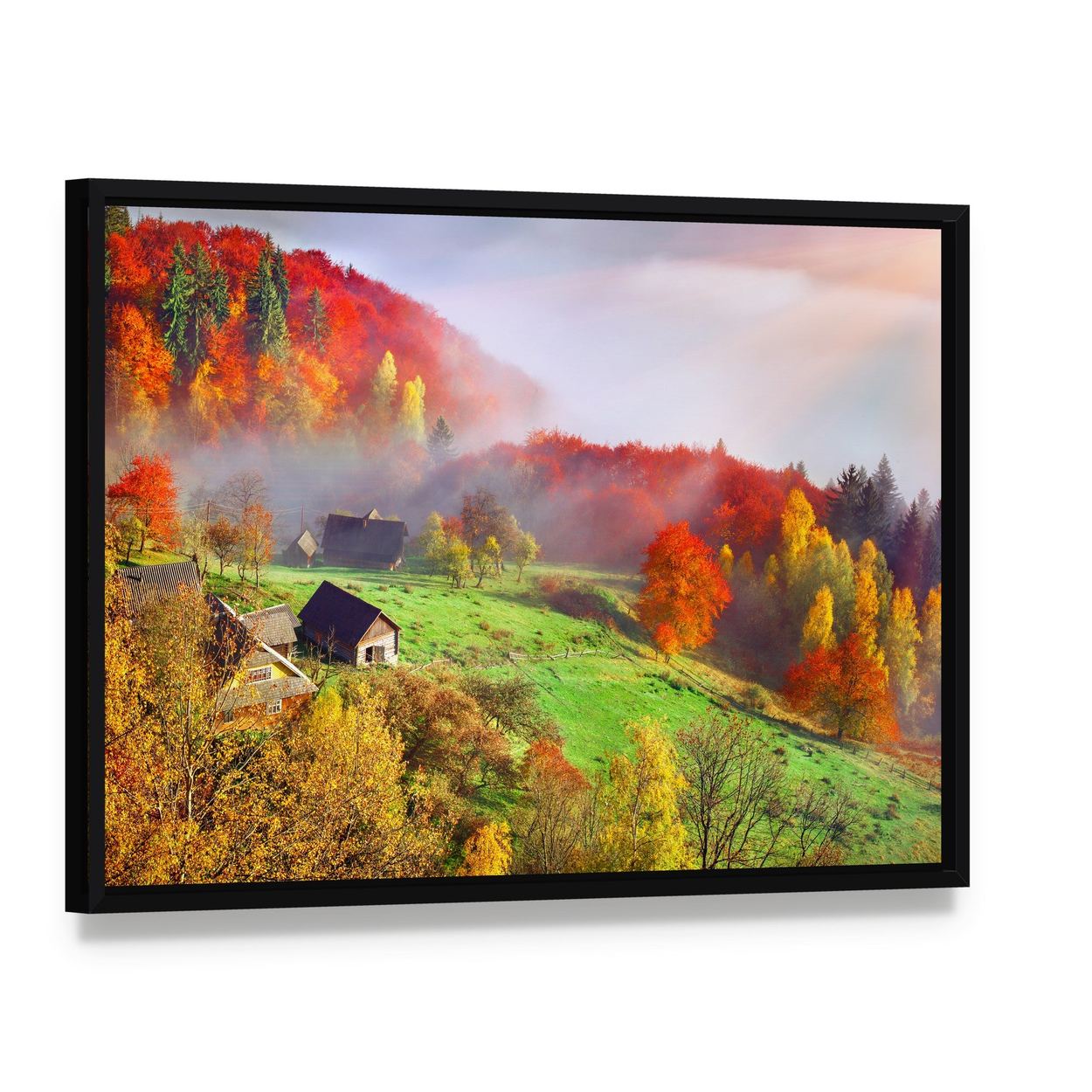 Autumn Landscape in Ukraine Canvas Wall Art, framed canvas in a black floater frame, angled product view