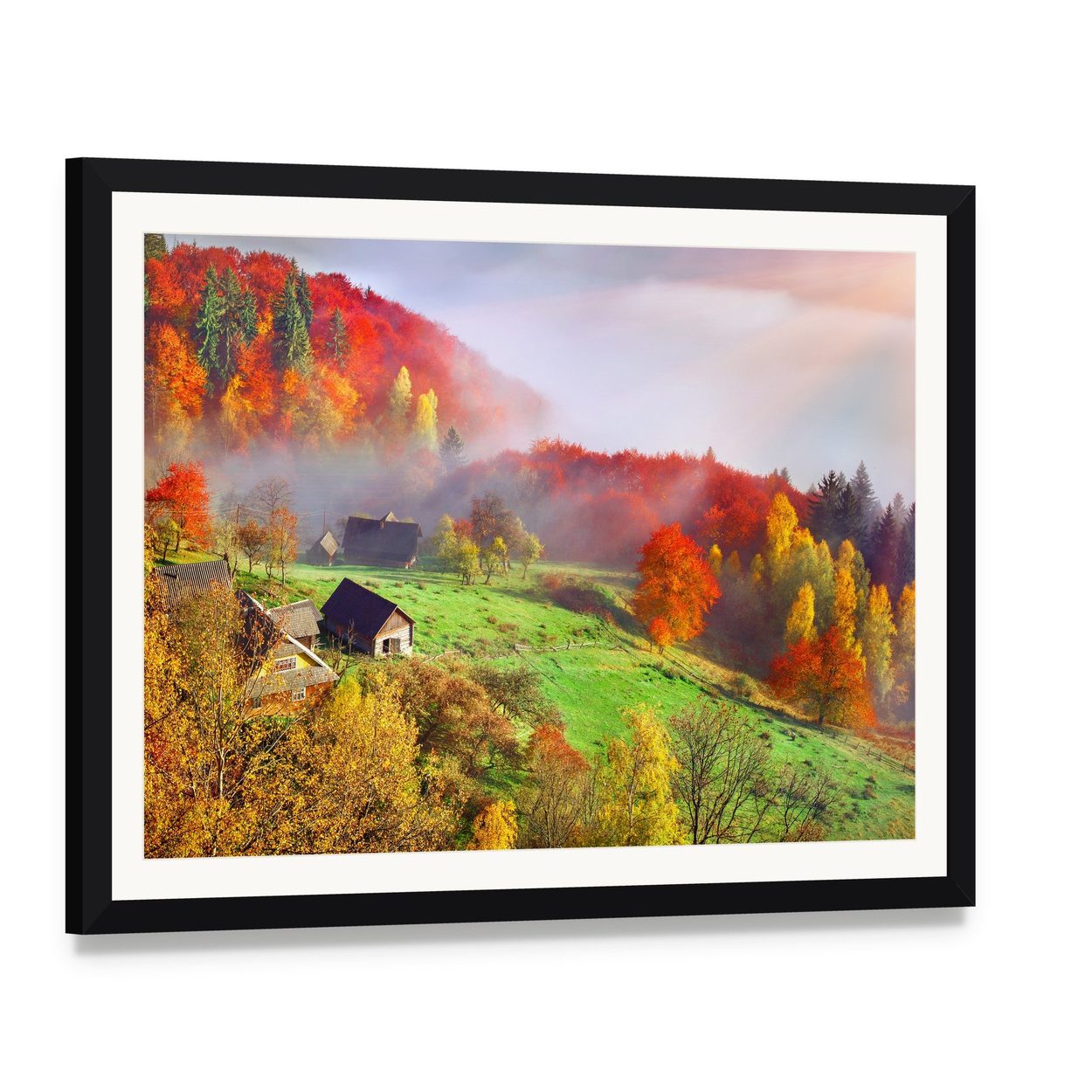 Autumn Landscape in Ukraine Canvas Wall Art, framed print with white mat and black frame, angled product view
