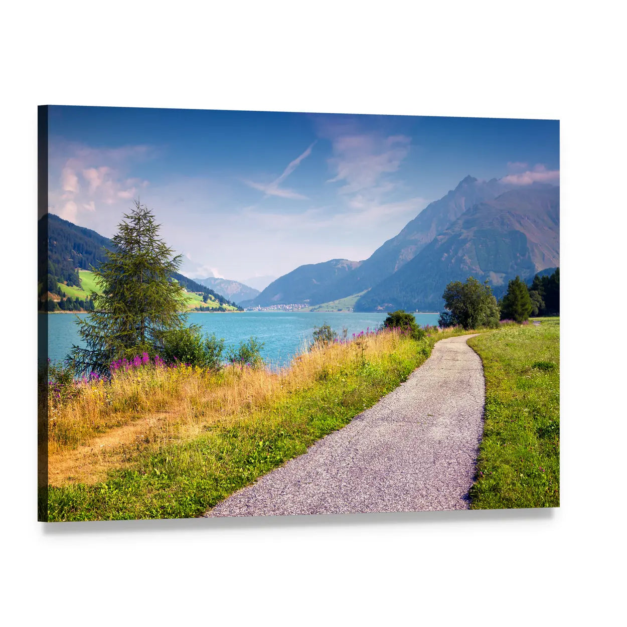 Path Around Resia Lake Canvas Wall Art, single panel gallery wrapped canvas, angled product view