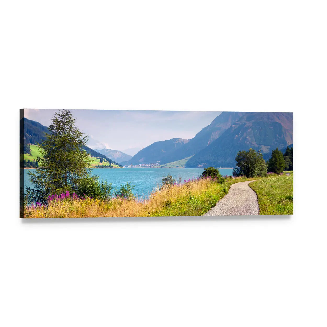 Resia Lake Italian Alps with Winding Path Panoramic Canvas Wall Art, single panel gallery wrapped canvas, angled product view