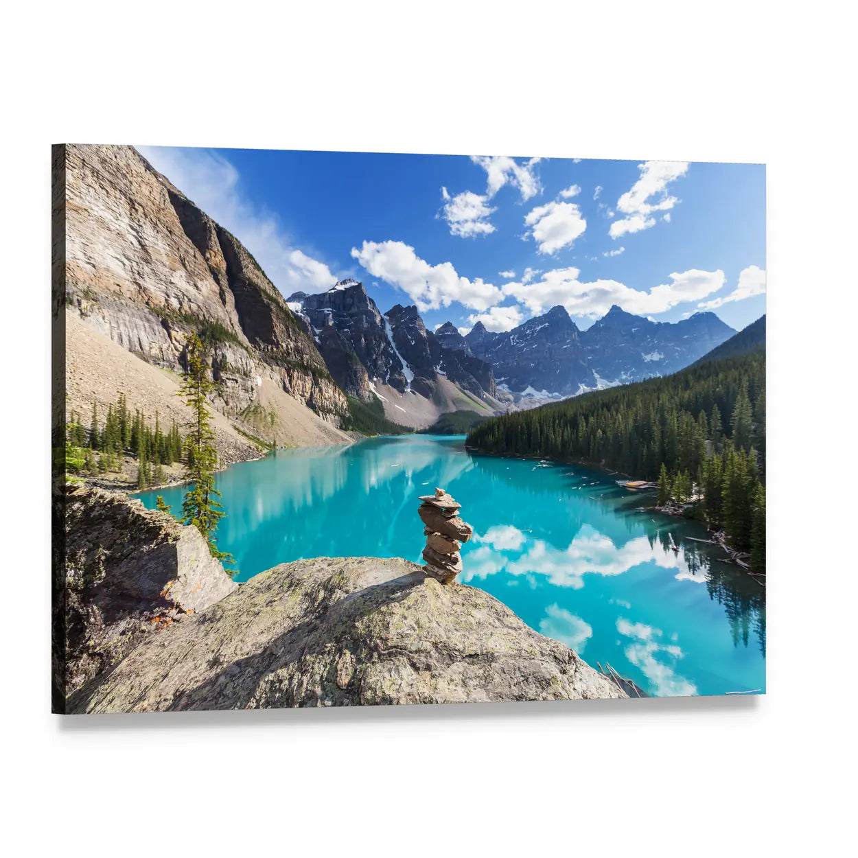 Moraine Lake Under Clouds Canvas Wall Art, single panel gallery wrapped canvas, angled product view