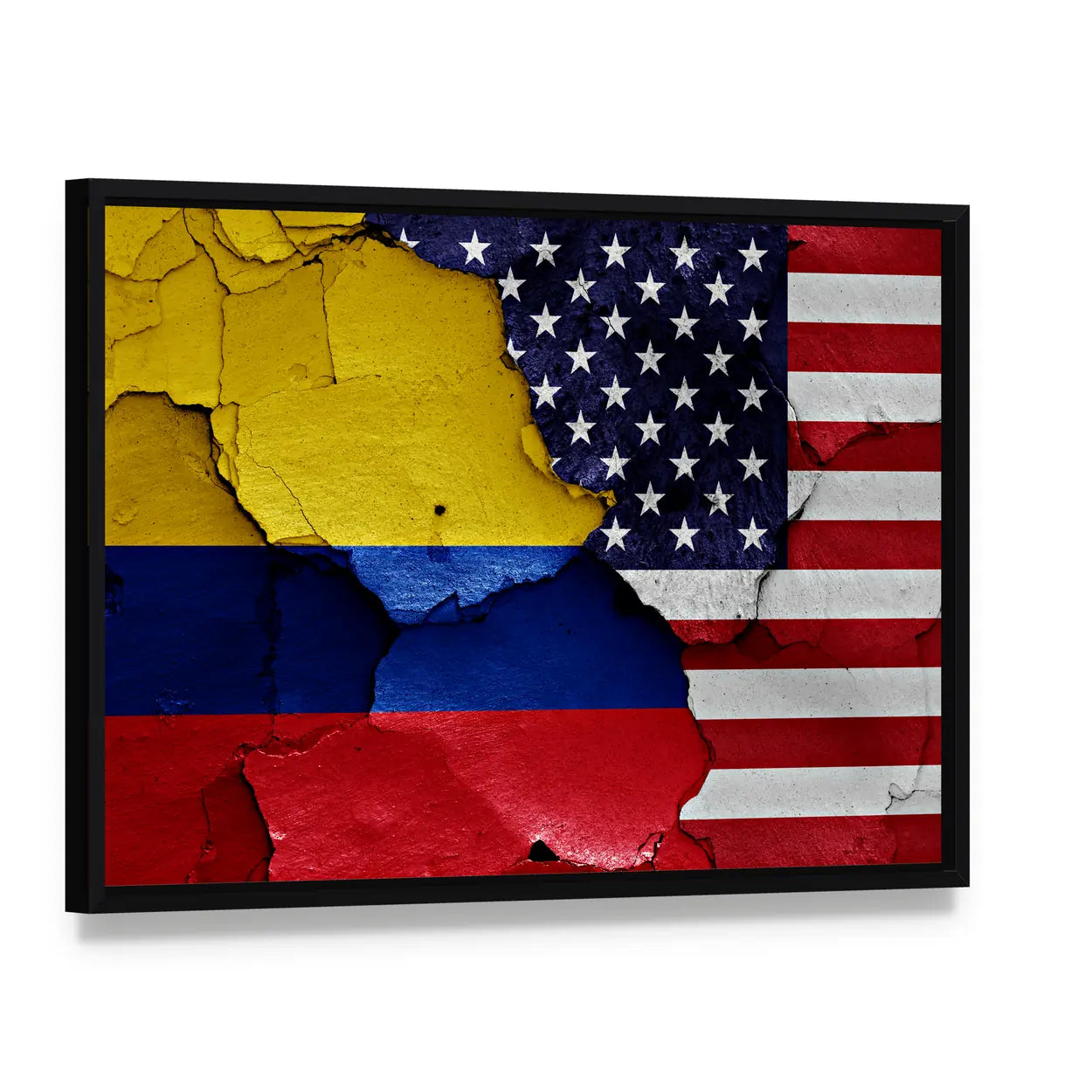 Colombian and American Weathered Flag Canvas Wall Art, framed canvas in a black floater frame, angled product view