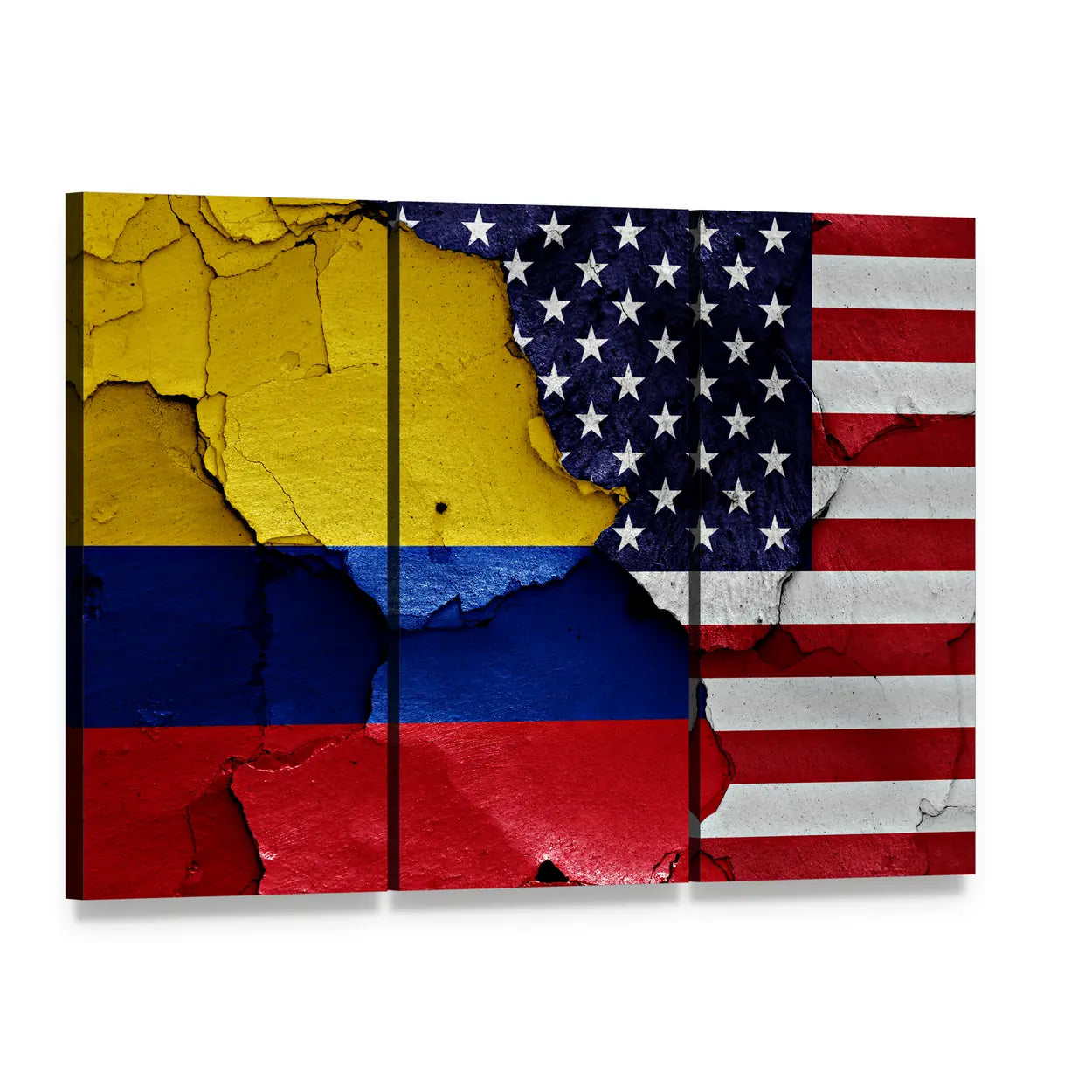 Colombian and American Weathered Flag Canvas Wall Art, 3 panel 3 Horizontal layout gallery wrapped canvas set, angled product view