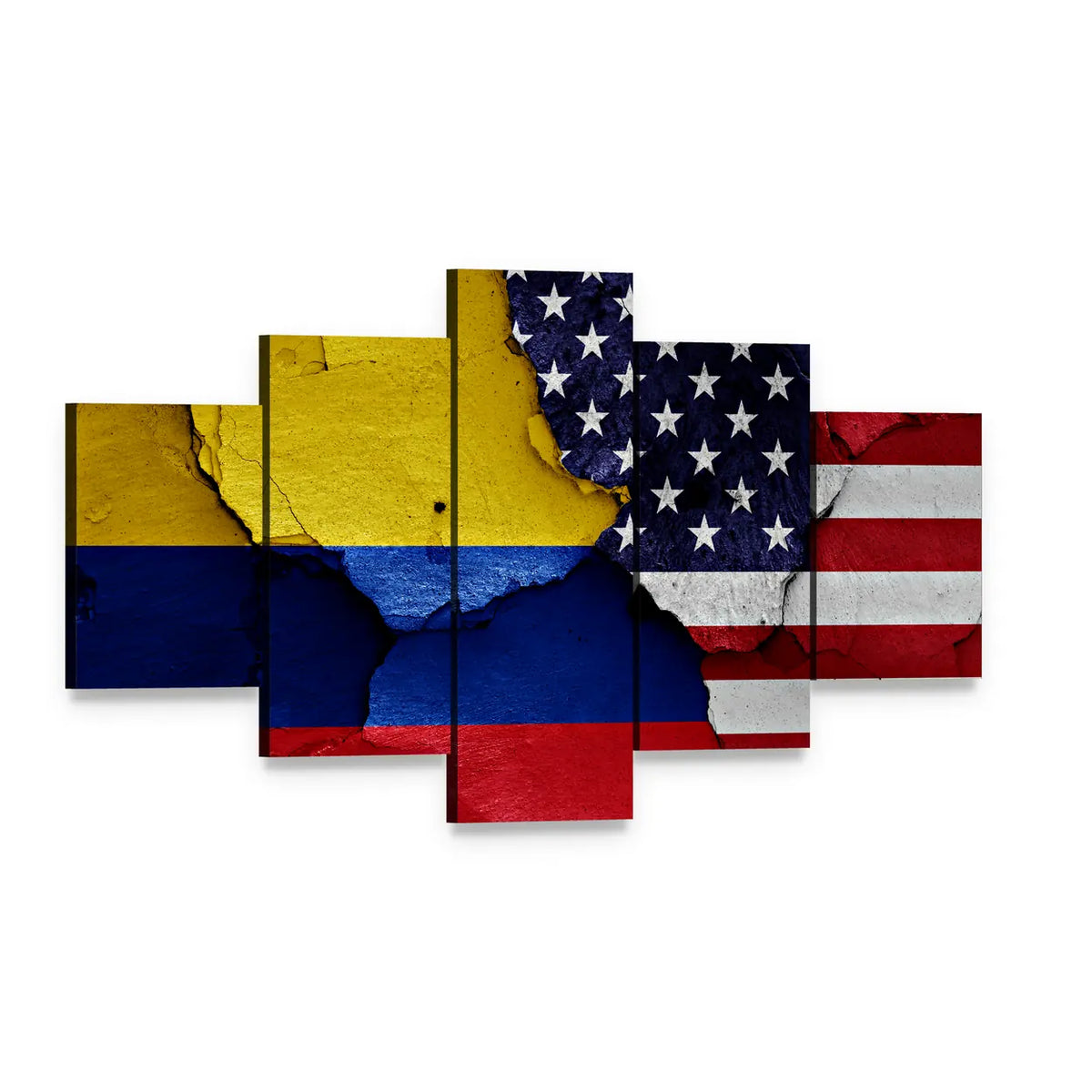 Colombian and American Weathered Flag Canvas Wall Art, 5 panel 5 Star layout gallery wrapped canvas set, angled product view