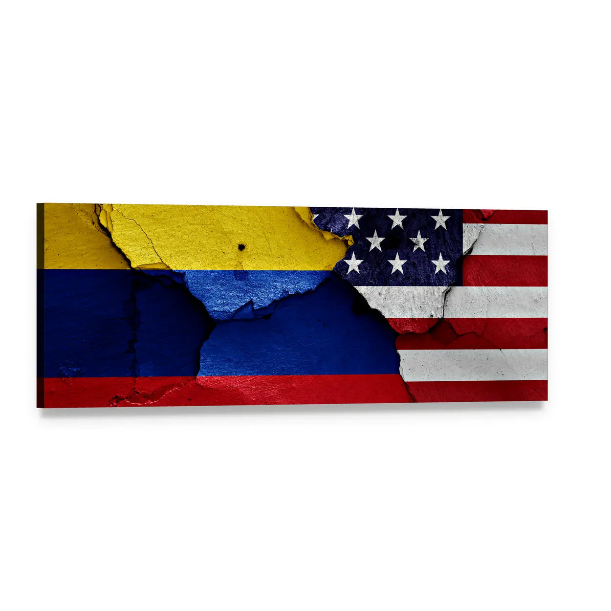 Colombian and United States Flags Panoramic Canvas Wall Art, single panel gallery wrapped canvas, angled product view