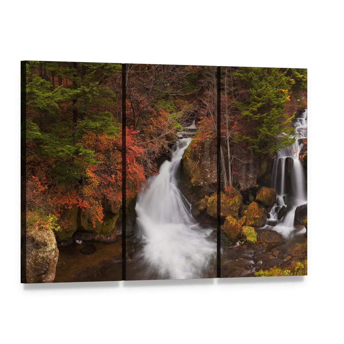 Ryuzu Falls Autumn Waterfall Canvas Wall Art, 3 panel 3 Horizontal layout gallery wrapped canvas set, angled product view