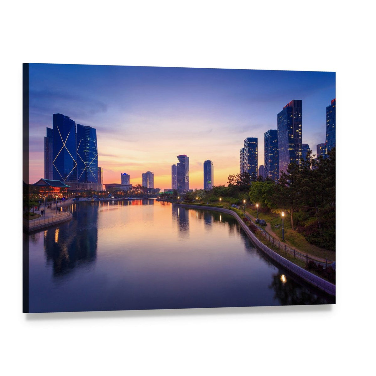 Songdo Central Park at Sunset Canvas Wall Art, single panel gallery wrapped canvas, angled product view