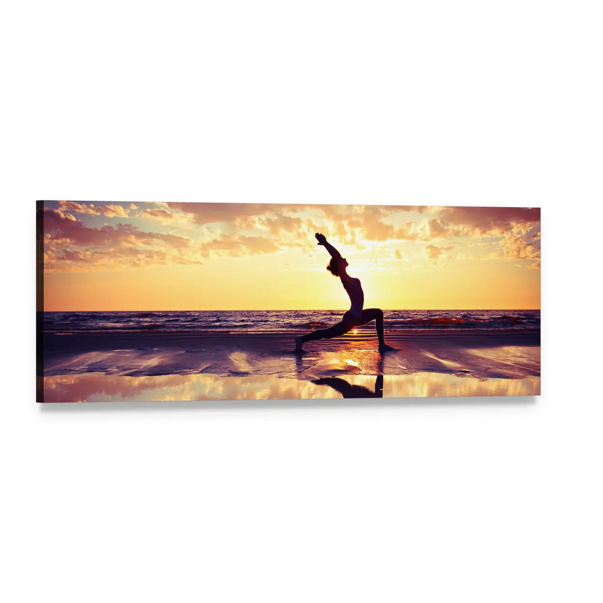 Woman in Crescent Lunge on Beach at Sunset Panoramic Canvas Wall Art, single panel gallery wrapped canvas, angled product view