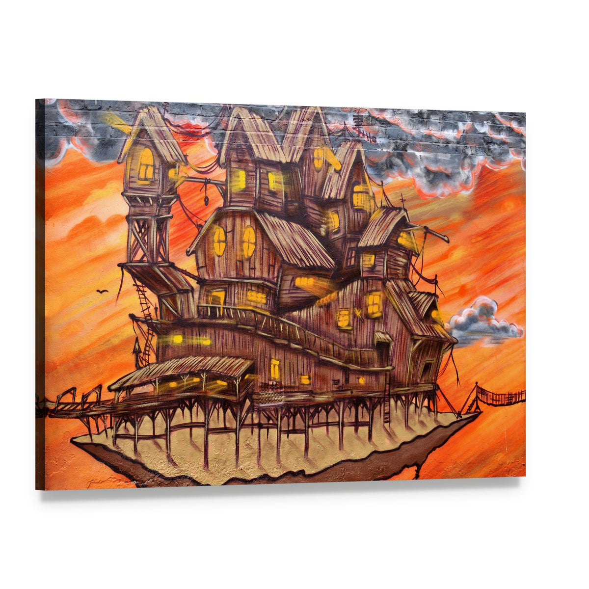 Haunted House Graffiti at Dusk Canvas Wall Art, single panel gallery wrapped canvas, angled product view