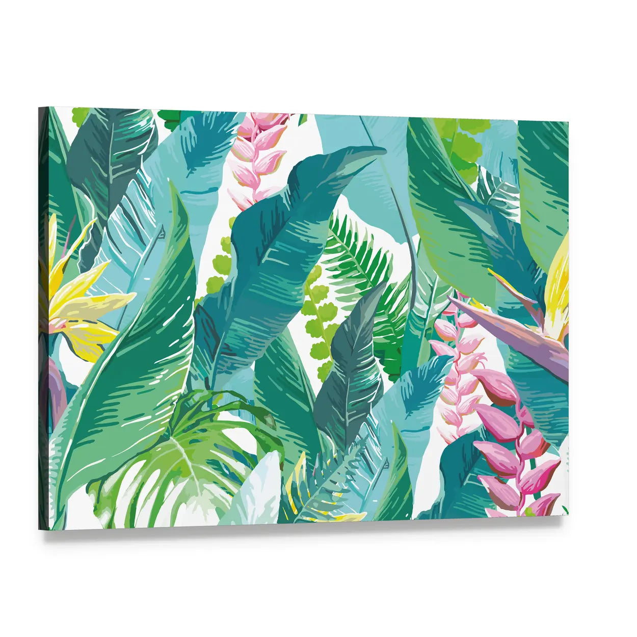 Exotic Tropical Leaves and Flowers Canvas Wall Art, single panel gallery wrapped canvas, angled product view
