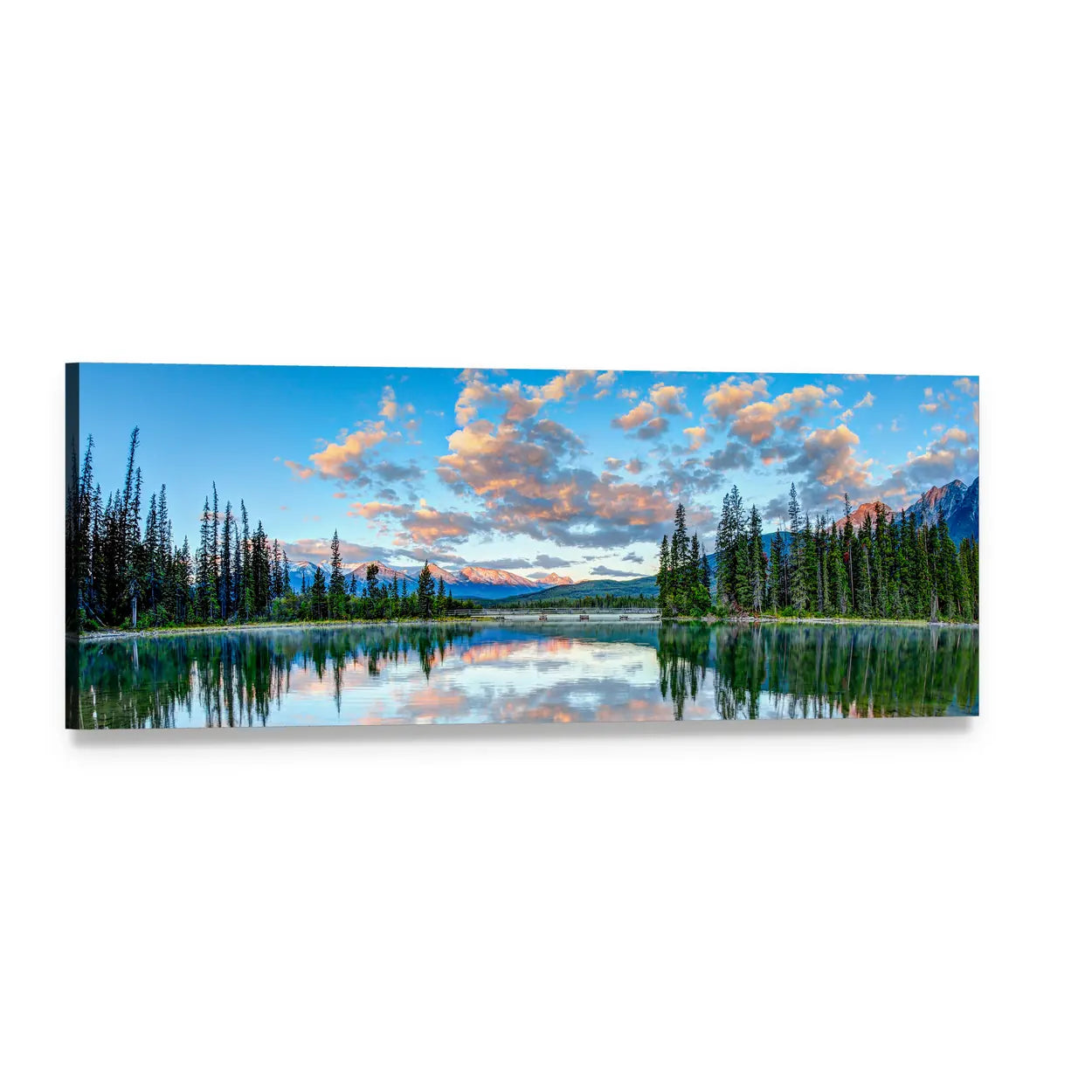 Pyramid Lake Golden Hour Reflection Panoramic Canvas Wall Art, single panel gallery wrapped canvas, angled product view