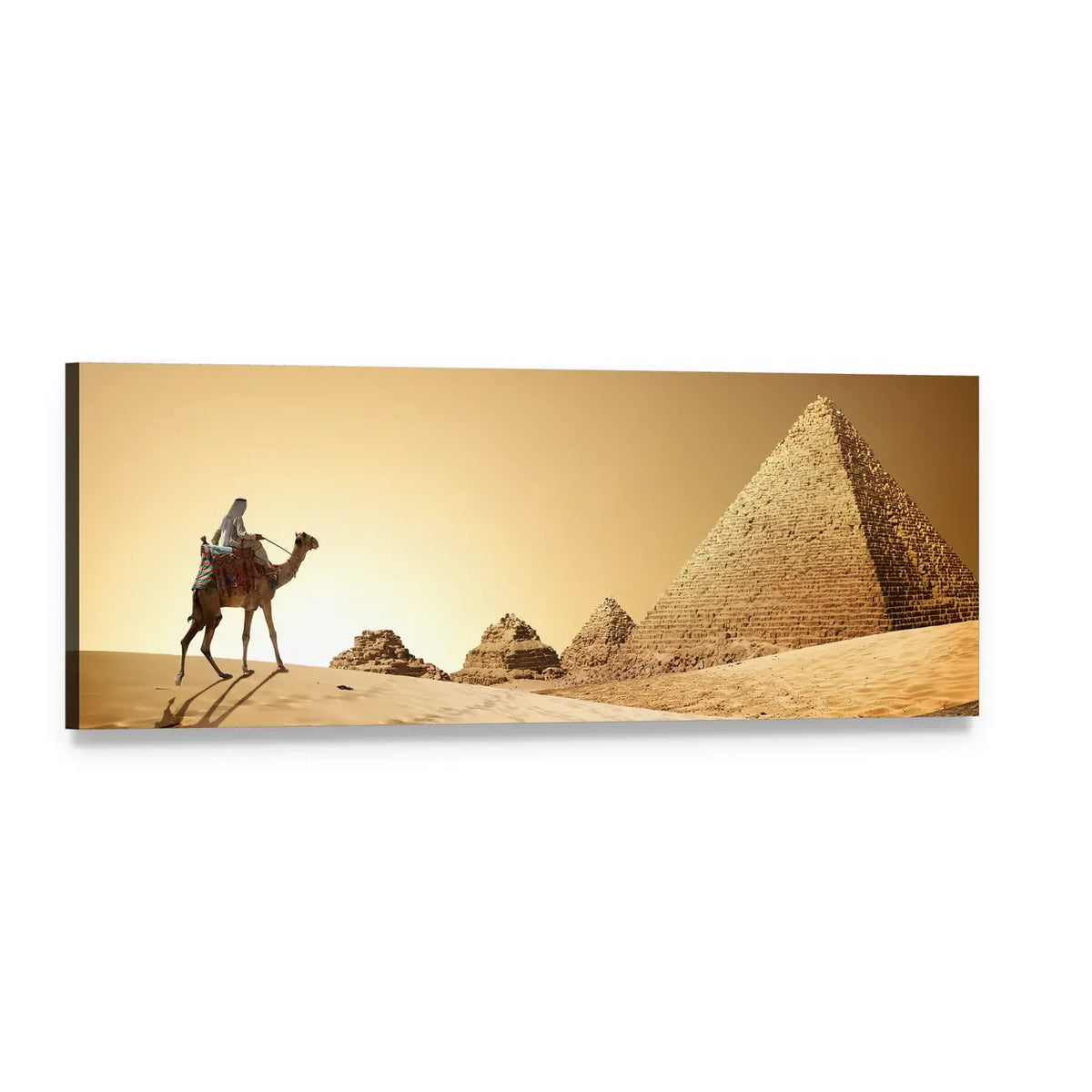 Camel and Pyramids at Golden Hour Panoramic Canvas Wall Art, single panel gallery wrapped canvas, angled product view