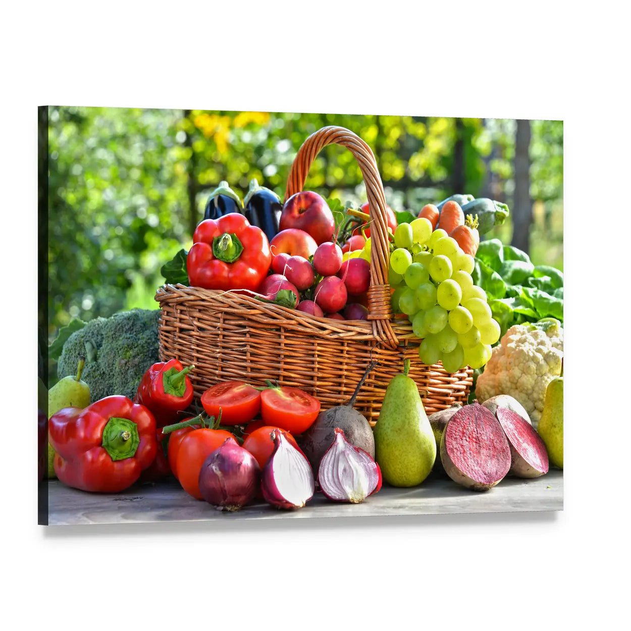 Wicker Basket of Organic Produce Canvas Wall Art, single panel gallery wrapped canvas, angled product view
