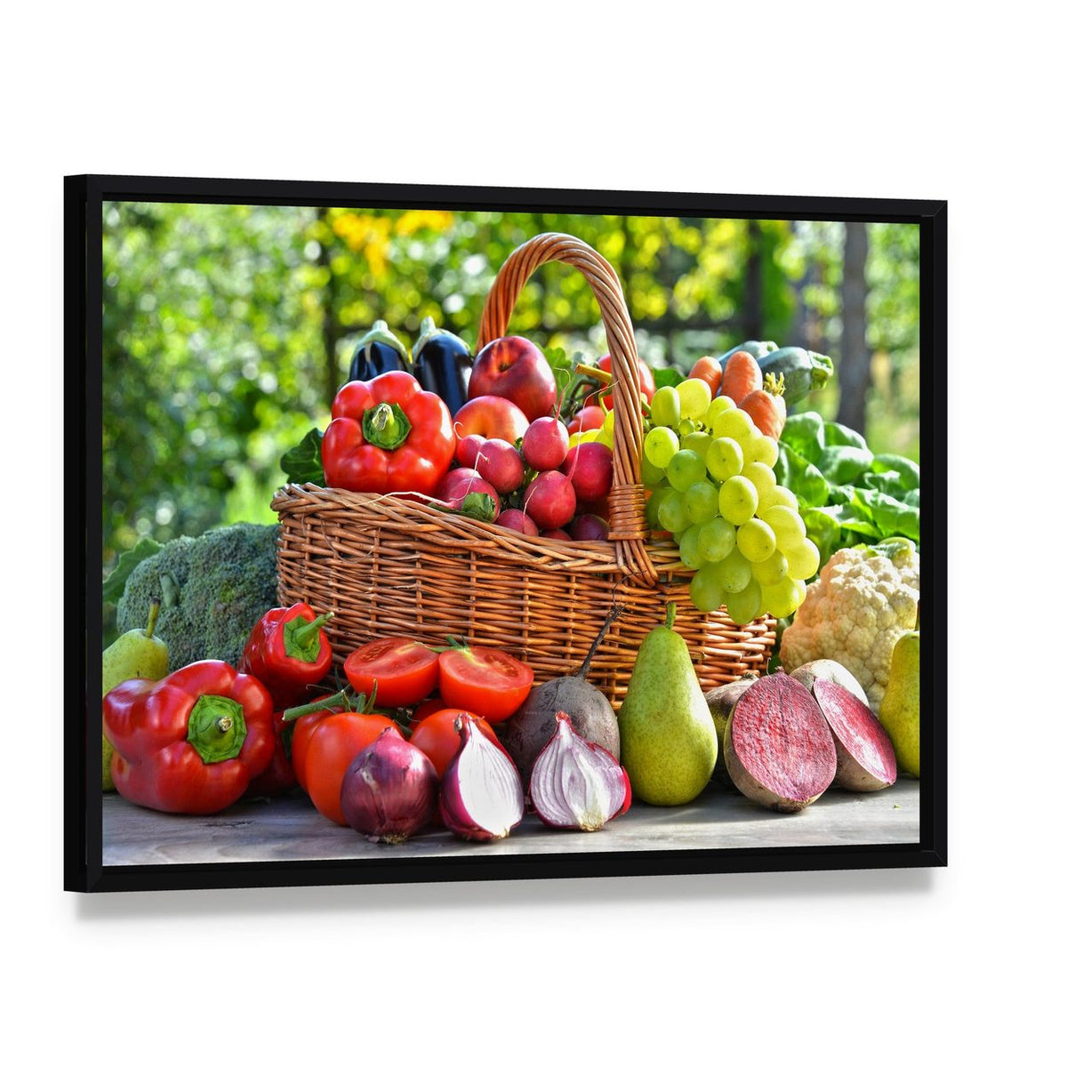 Organic Vegetables & Fruits Canvas Wall Art, framed canvas in a black floater frame, angled product view