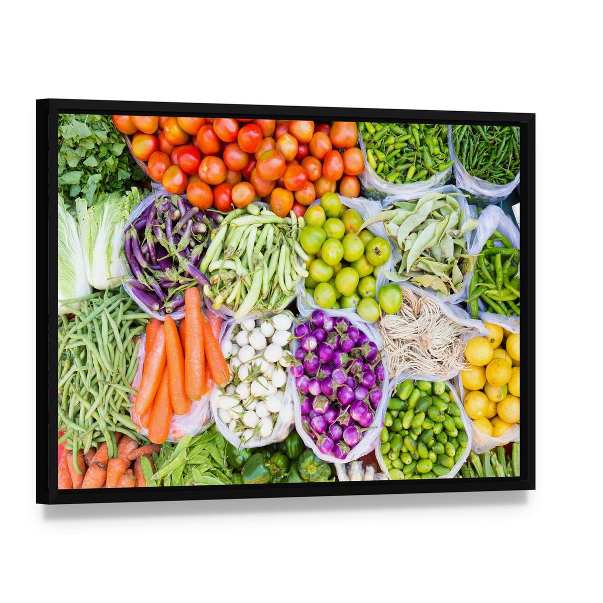 Fresh Vegetables Canvas Wall Art, framed canvas in a black floater frame, angled product view