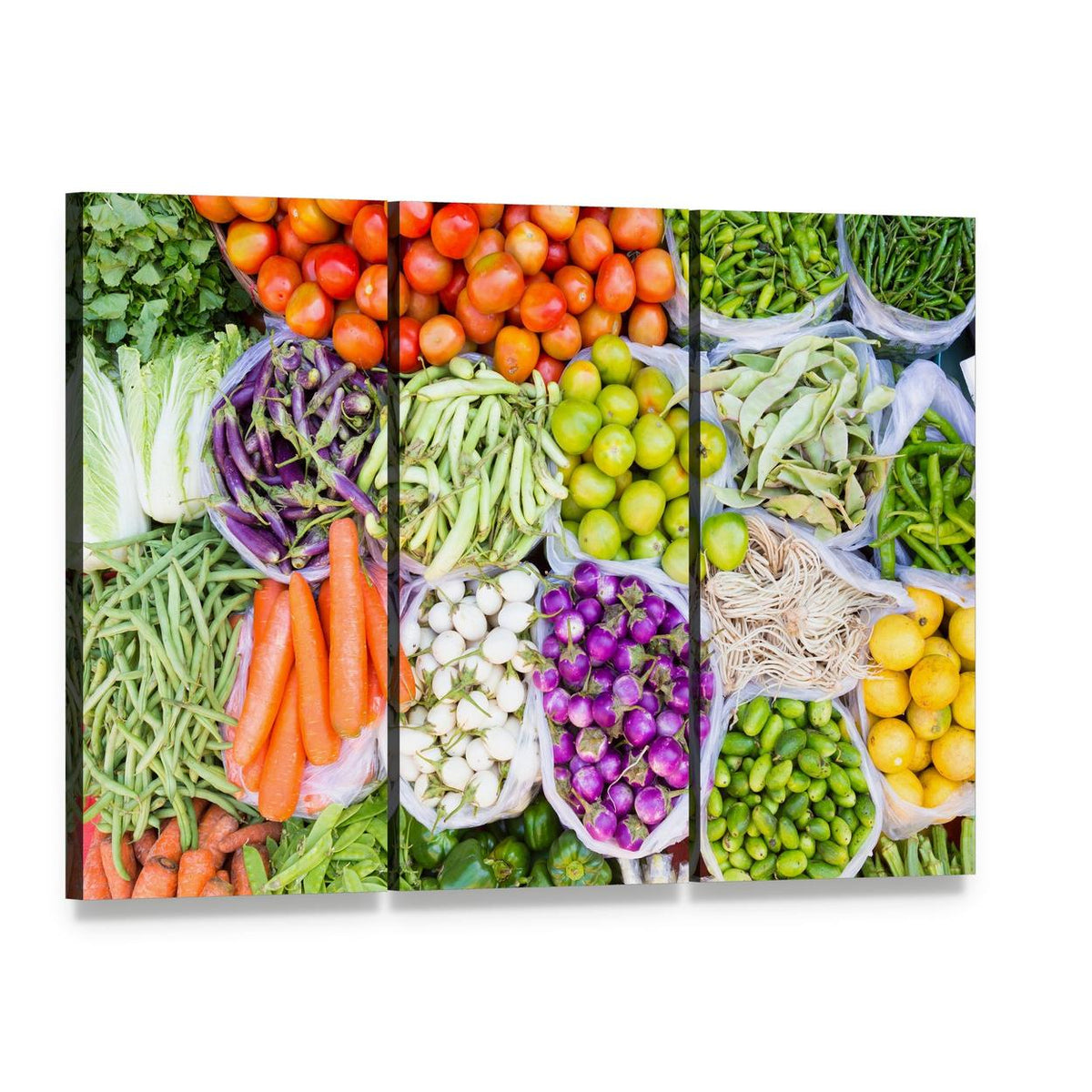 Fresh Vegetables Canvas Wall Art, 3 panel 3 Horizontal layout gallery wrapped canvas set, angled product view