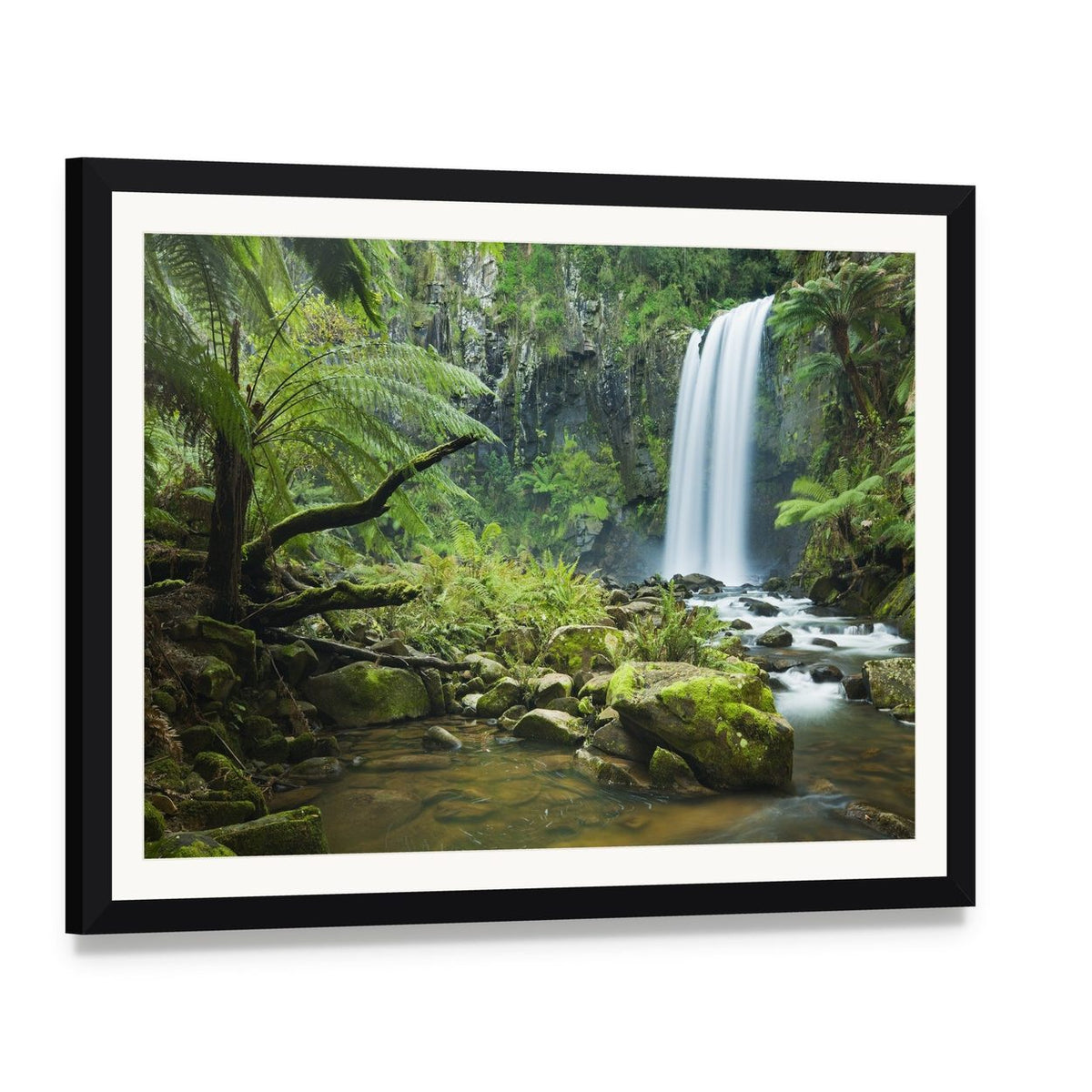 Hopetoun Falls Australia Canvas Wall Art, framed print with white mat and black frame, angled product view