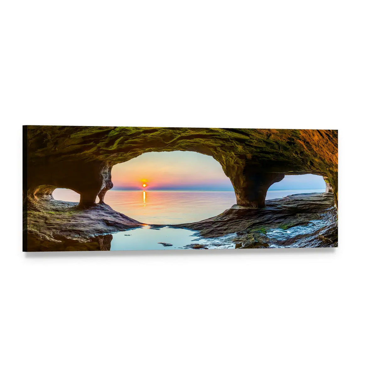 Lake Superior Sea Cave Sunset Panoramic Canvas Wall Art, single panel gallery wrapped canvas, angled product view
