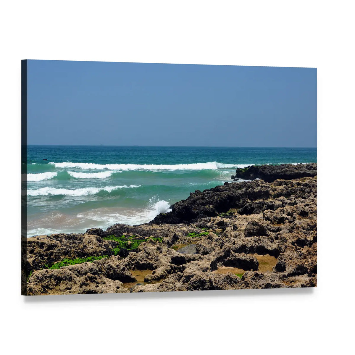Taghazout Bay Rocky Shore Seascape Canvas Wall Art, single panel gallery wrapped canvas, angled product view