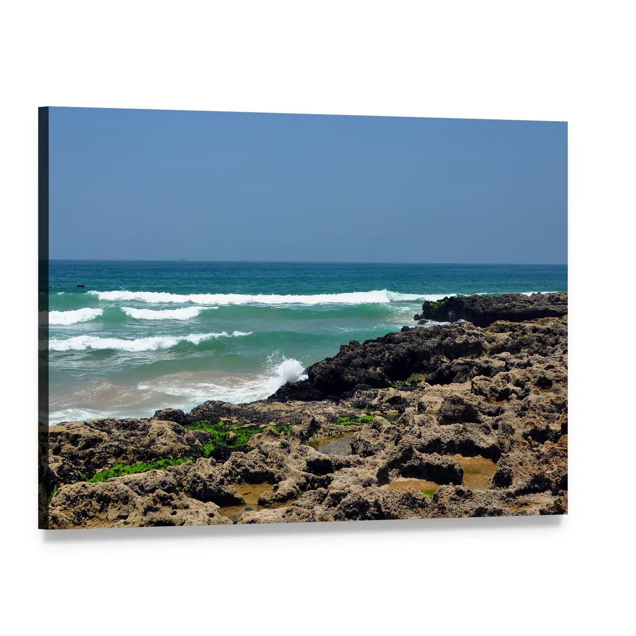 Taghazout Bay Rocky Shore Seascape Canvas Wall Art, single panel gallery wrapped canvas, angled product view